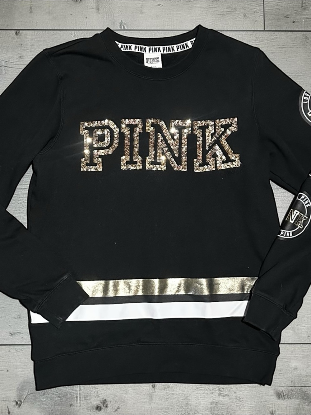 Victoria’s Secret PINK Sequin Bling Sweatshirt Black Gold S 2015 Vintage